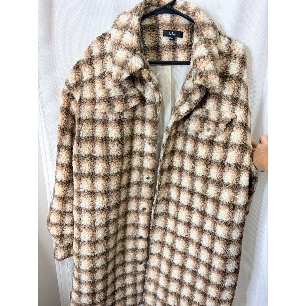 Lulus Women's XL Teddy Sherpa Coat Brown Cream Plaid Long Oversized Jacket